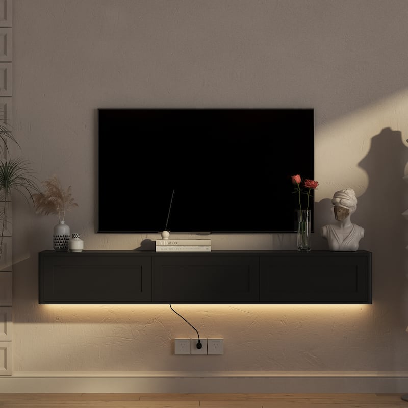 Floating TV Stand, Wall Mounted TV Shelf with Led Lights & Power Outlet,High Gloss TV Cabinet for TV Stands for Living Room