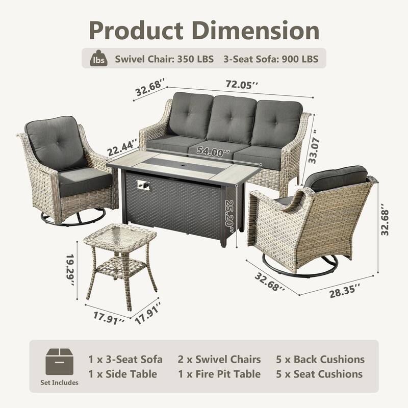 HOOOWOOO 5-piece Rattan Outdoor Patio High Back Swivel Chair Set with 54"Fire Pit