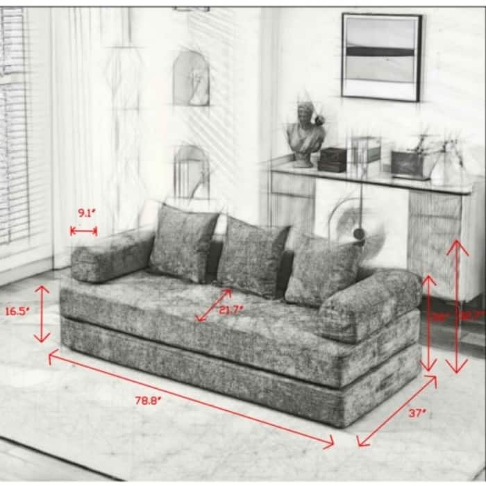 Chenille Floor Sofa Bed - Foldable Mattress Couch with Armrests, Convertible Lounge Chair for Living Room, Bedroom or Studio