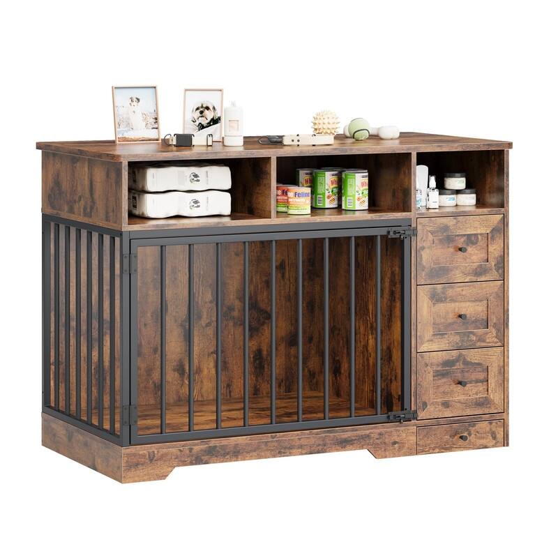 48" Farmhouse Dog Kennel Crate Furniture End Table with Bowl Storage Drawers