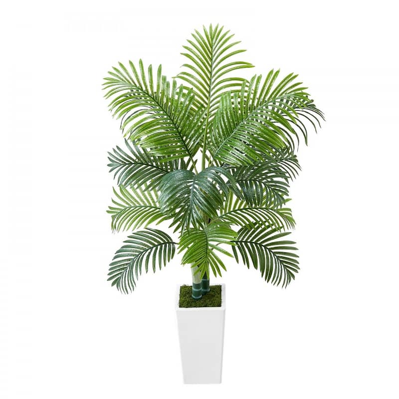 Thick-Trunk Areca Palm Artificial Tree with Green Leaves in White Planter for Home or Office Decor