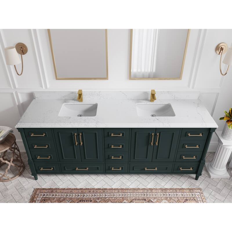 Willow Collections 84 in. W x 22 in. D Aberdeen Double Bowl Sink Bathroom Vanity with Countertop - 1.5" Empira White - Dark Forest Green