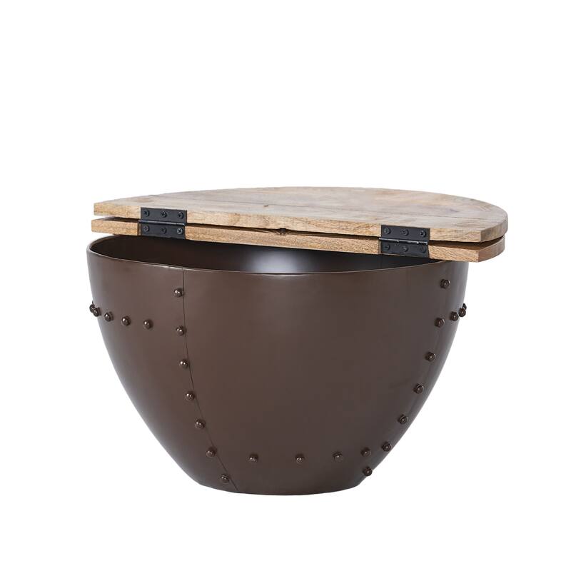 Roomfitters Round Coffee Table, Wood Top Living Room Center Table with Iron Base, Modern Industrial Design, Natural+Brown