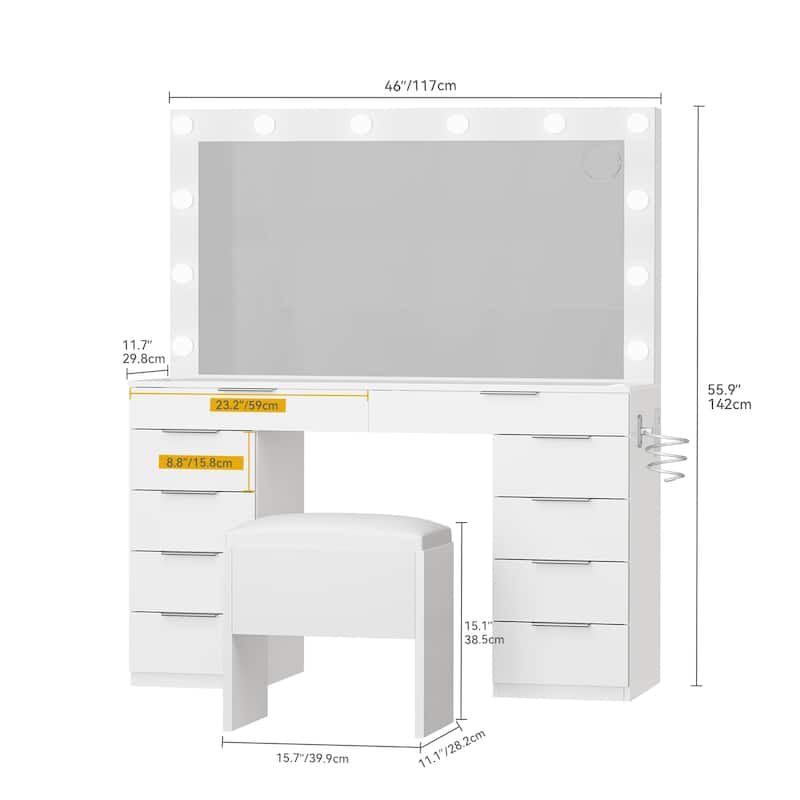 Moasis 10-Drawer Cosmetic Vanity Desk Set with Glass Tabletop Makeup Vanity with Stool