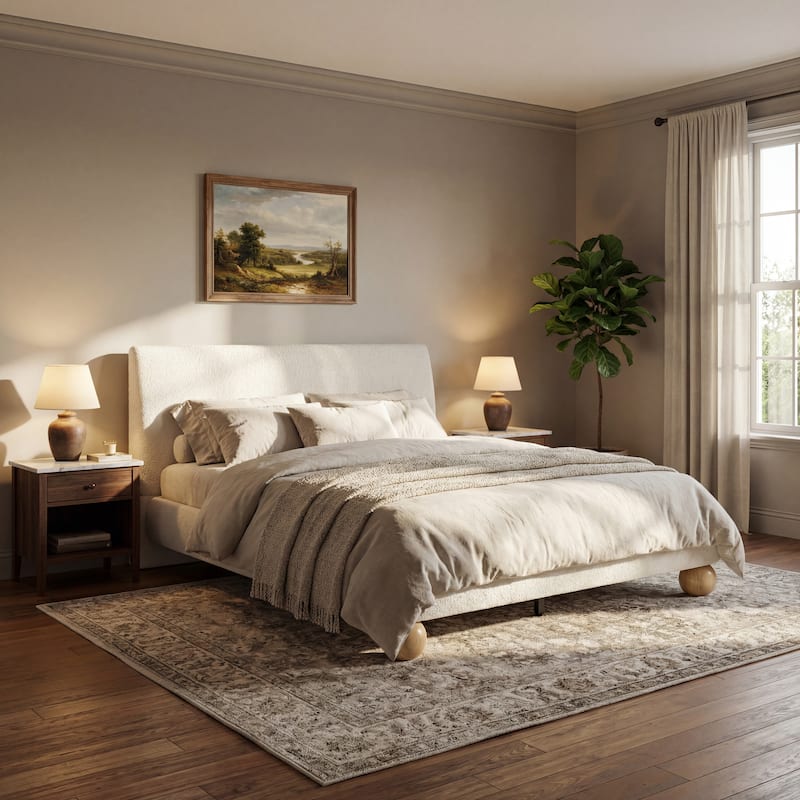 Christopher Knight Home - Modern Upholstered Platform Bed with Thick Headboard and Round Wood Legs - Off White+Boucle - Queen