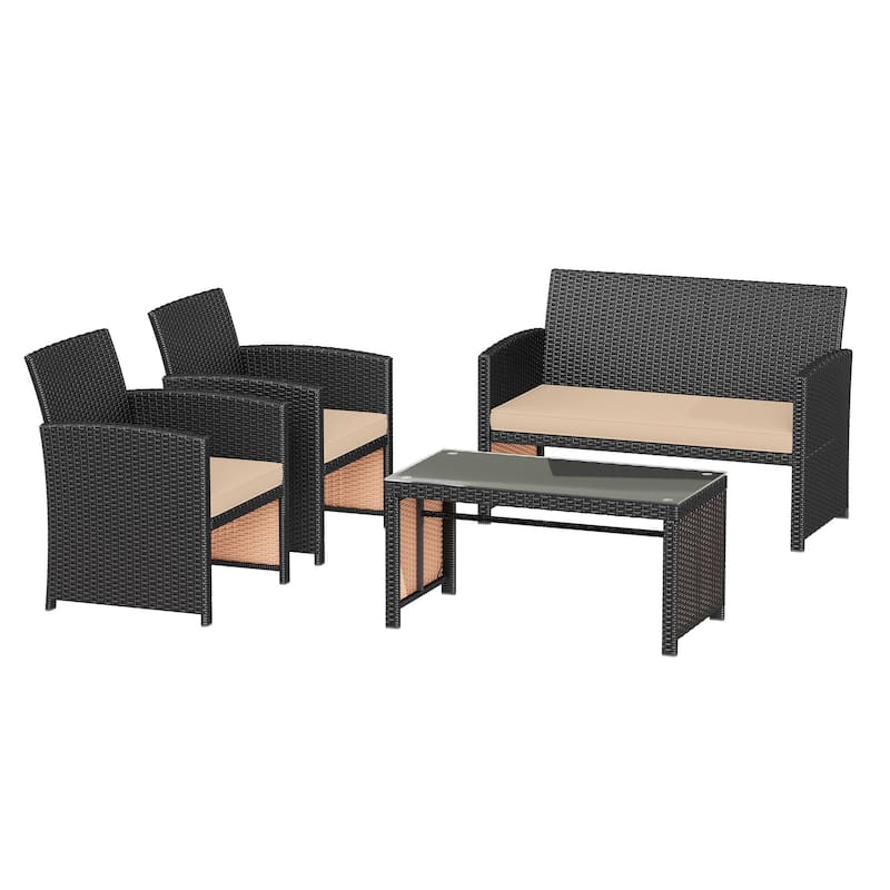 EROMMY 4-Piece Patio Furniture Set with Cushions, Wicker Sofa and Glass Coffee Table, All-Weather PE Rattan Conversation Set.