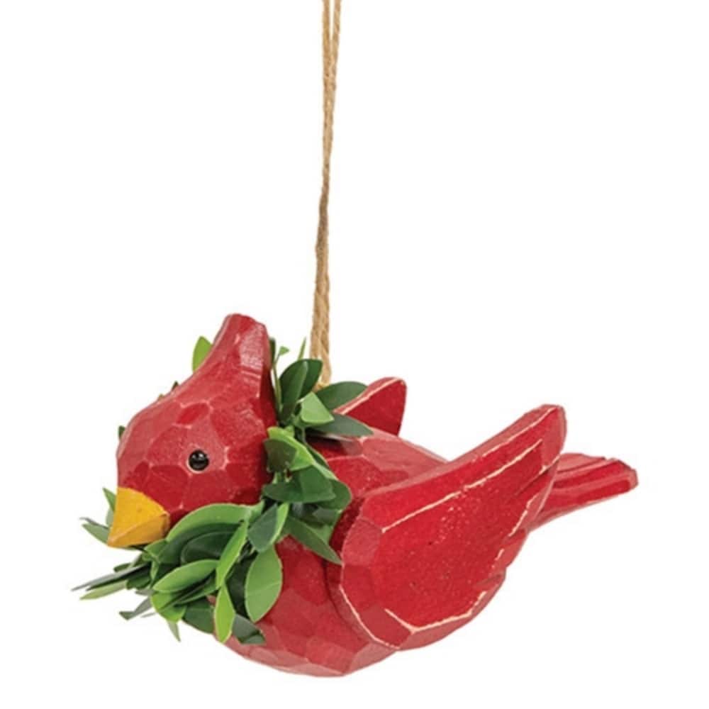 Red Wooden Cardinal Ornament with Carved Design and Jute Hanger - 4.25 x 2 x 2.50 in.
