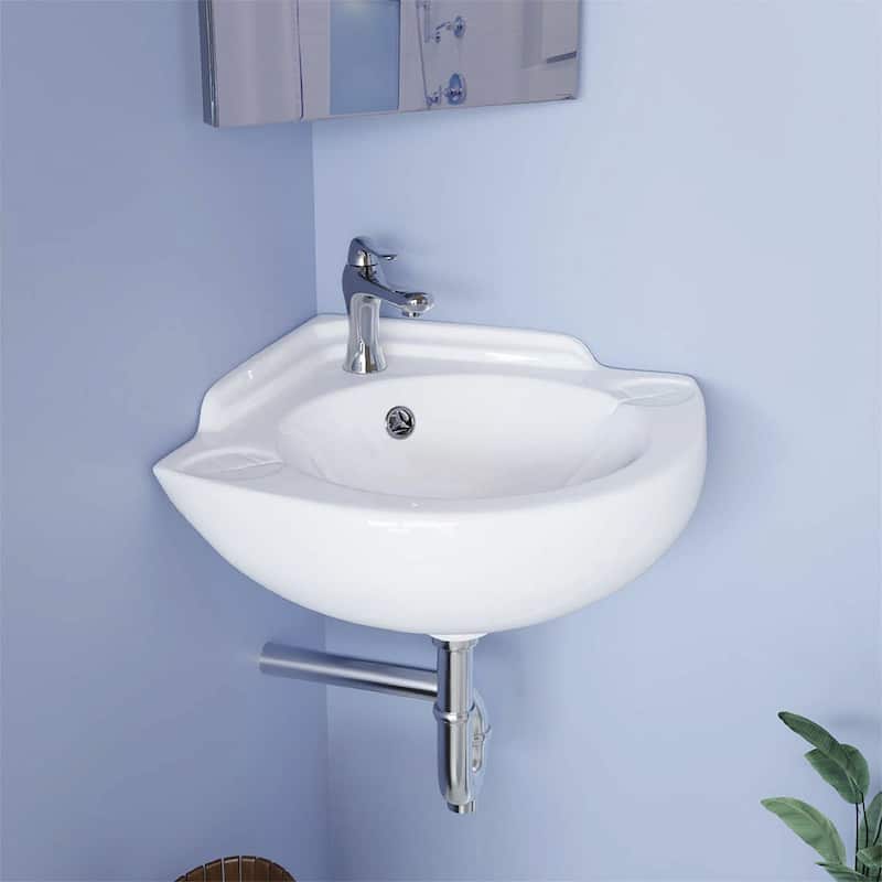 White Ceramic Corner Wall Mount Bathroom Sink Mountain Pond 20.5" with Overflow and Backsplash Renovators Supply