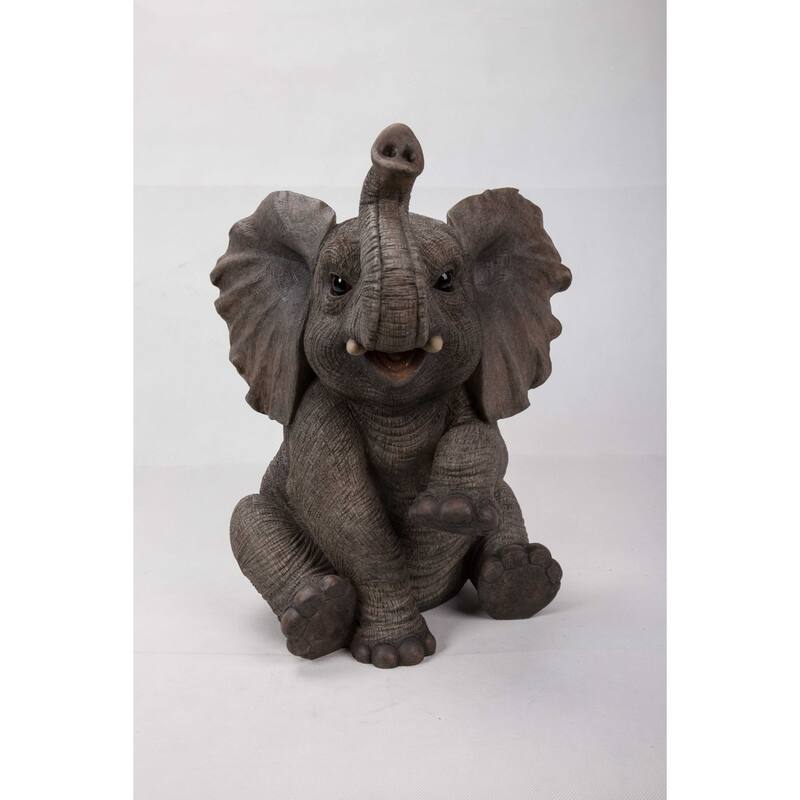 15.5" Gray Elephant Baby Sitting with Trunk Up Garden Statue