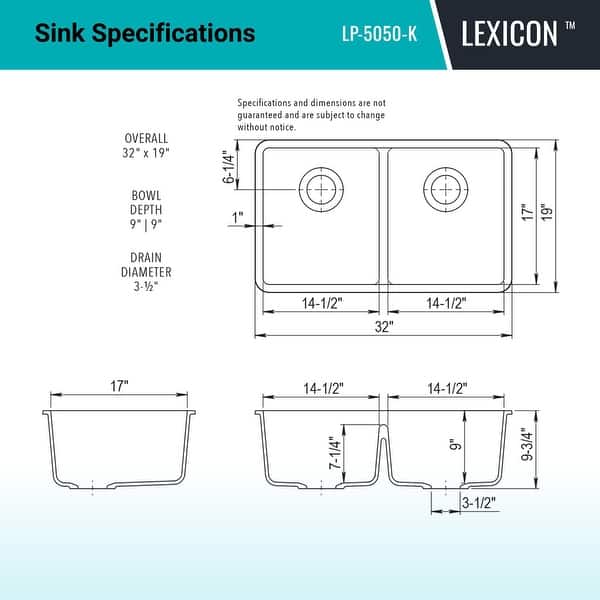 dimension image slide 3 of 5, Lexicon Platinum 32" Quartz 50/50 Double Bowl Sink with Grids & Drain