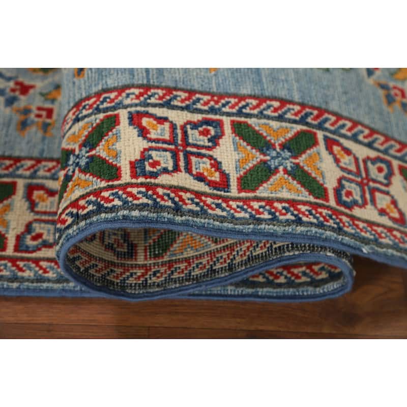 Light Blue Kazak Oriental Runner Rug Handmade Traditional Wool Carpet - 2'9" x 9'7"
