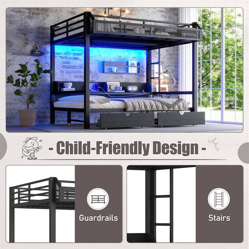 Queen over Queen Bunk Bed with Storage Shelves and Drawers,Multifunctional Metal Bunk Beds with USB Ports and LED,Black