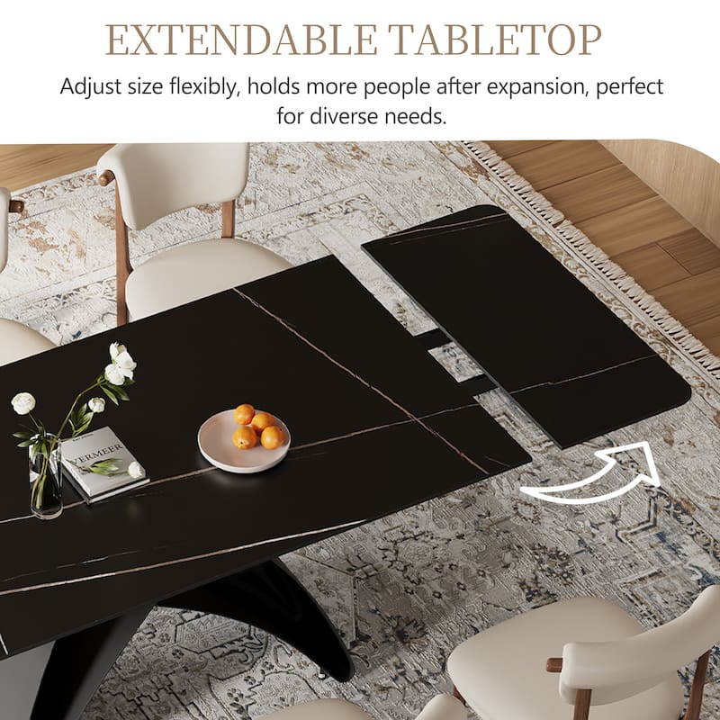 63-95"Extendable Modern Dining Table for 6-10, Black Sintered Stone Tabletop