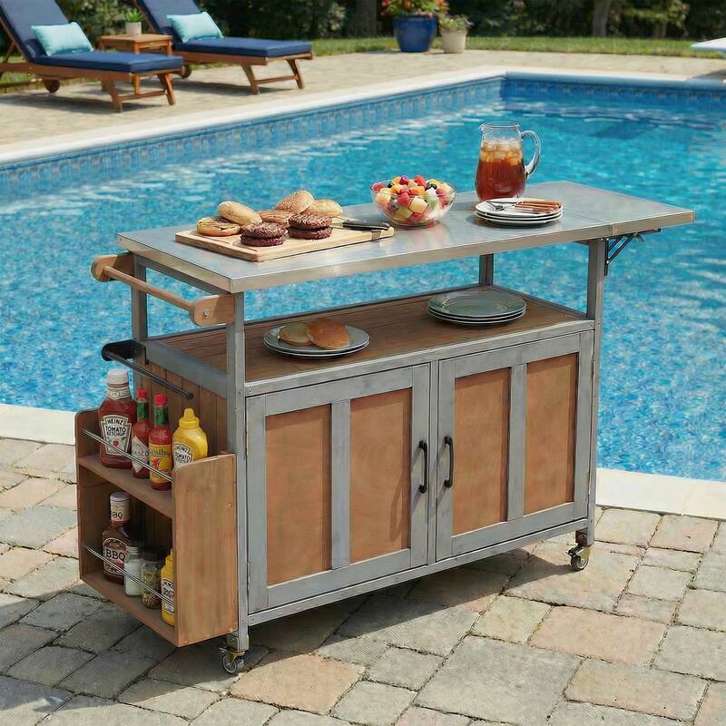 Portable Foldable Outdoor Kitchen Cart with Storage Cabinet and Lockable Wheels - Espresso