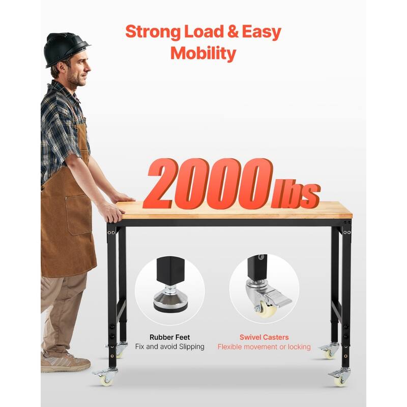Black and Natural Oak Adjustable Height Workbench with Power Strip, Casters and Hooks - Black-Natural