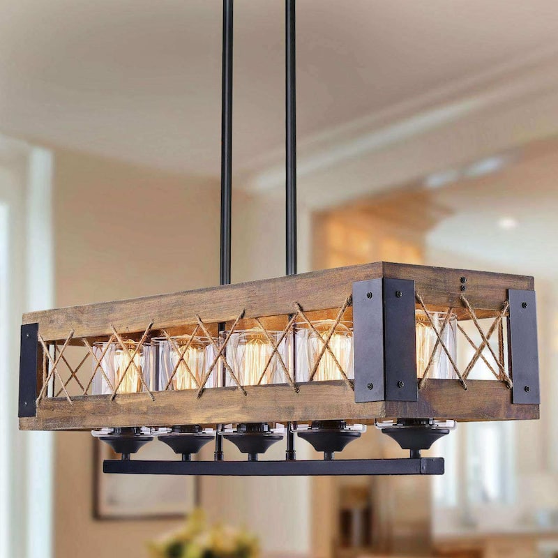 Farmhouse 5-Light Wood Chandelier Rustic Linear Island Lights