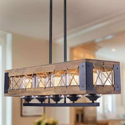 Farmhouse 5-Light Wood Chandelier Rustic Linear Island Lights