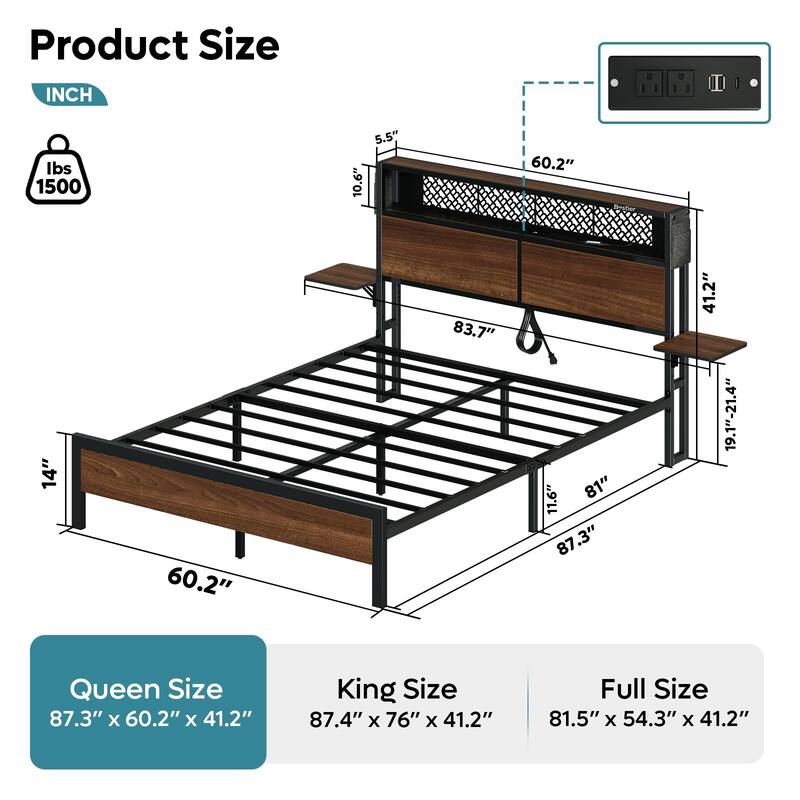 Platform Bed with LED Upholstered Storage Headboard Charge Station Foldable Bedside Shelf