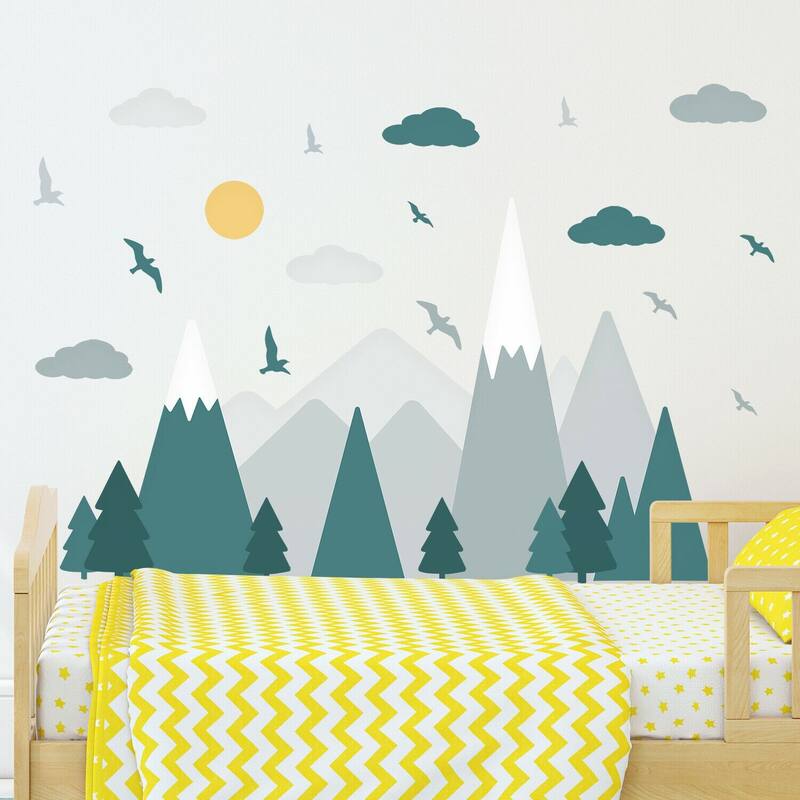 Walplus Green Grey Mountains Landscape Clouds Birds Children Wall Stickers