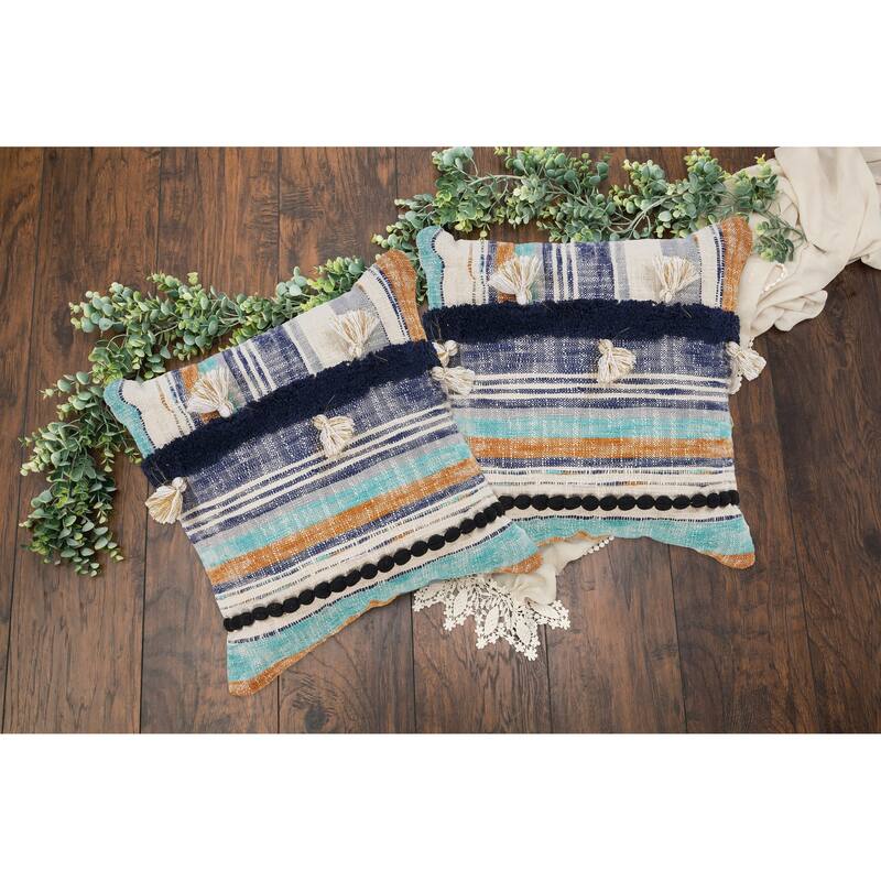 Sevita Destin Blue/Multi Striped Tassled Cotton Throw Pillow, Set of 2 - Accent - 18 x 18 - Polyester - Blue - Set of 2