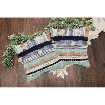 Sevita Destin Blue/Multi Striped Tassled Cotton Throw Pillow, Set of 2