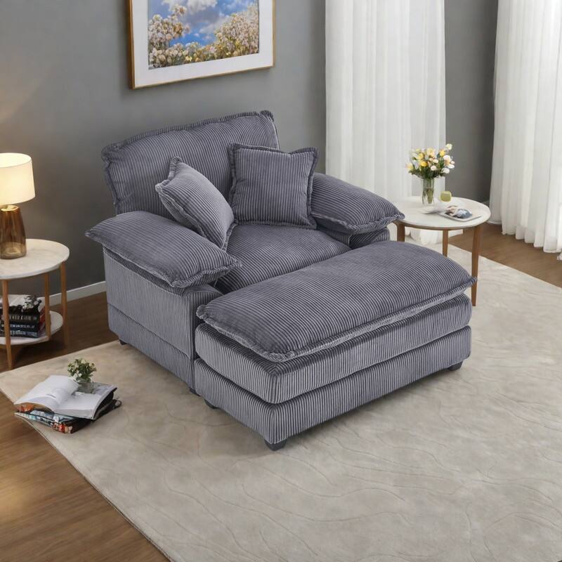 Corduroy Single Sofa Sets with Ottoman and 2 Toss Pillows, Deep Seat Design - Grey
