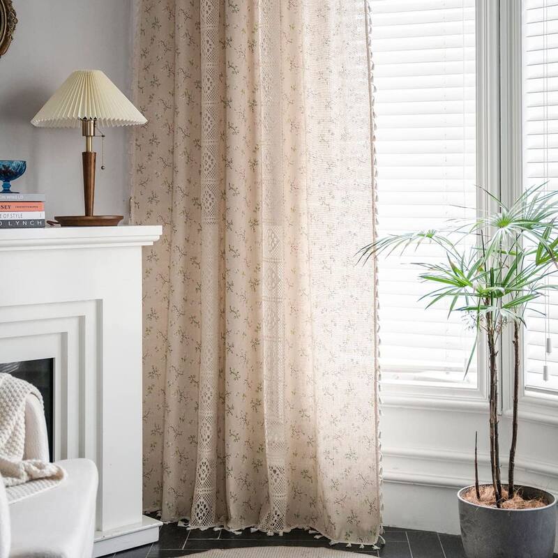 Boho Curtains, 63 inch Length 2 Panels Set Cotton Linen Semi Blackout Farmhouse Window Curtains with Tassel & Rod Pocket