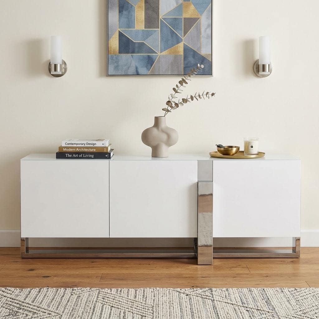 HomeRoots 91" White Glass and Stainless Steel Frame Console Table - 91.00 in. x 32.00 in. x 18.00 in.