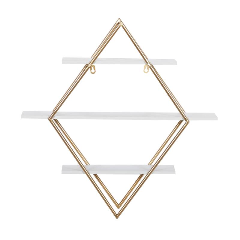 Wooden 3 Shelves Wall Shelf with Diamond Shape - Gold - Roche River Decor