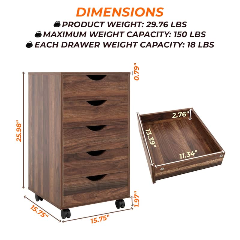 Portable 5-Drawer Wooden Cabinet with 360° Wheels, Smooth Pullout & Extra Top Storage