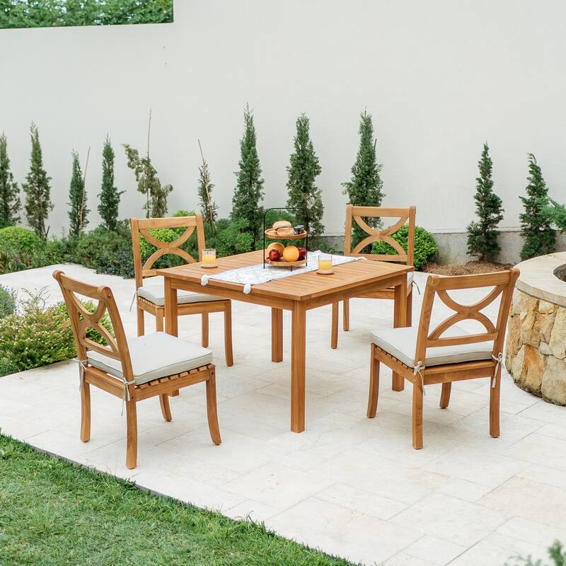 Cambridge Casual Lowell 5-Piece Teak Patio Square Dining Set - Natural Teak/Beige Cushion
