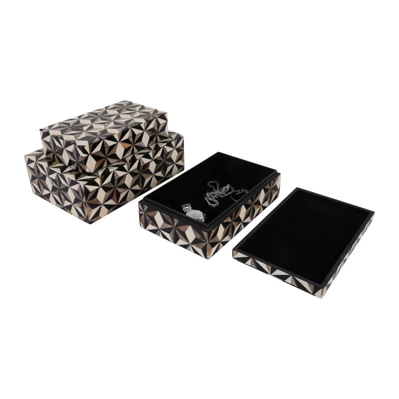 Polyresin Wood Storage Box Casual (Set of 3) - 4" Ivory/Black - 12" x 8" x 3.5"