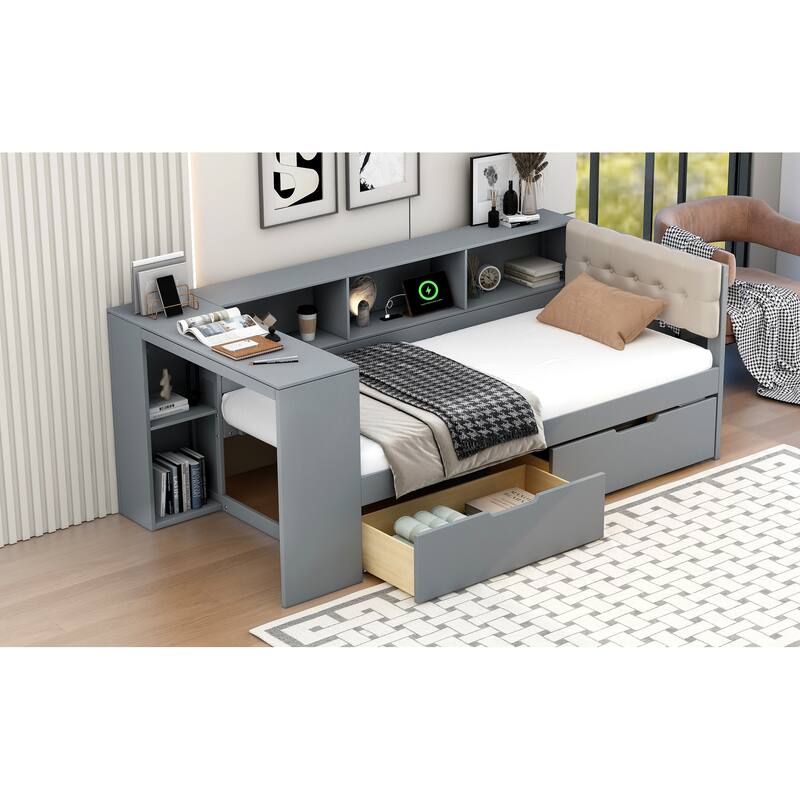 Wood Twin Size Platform Bed Frame with Storage Shelves, Drawers, Charging Station and Upholstered Headboard for Bedroom