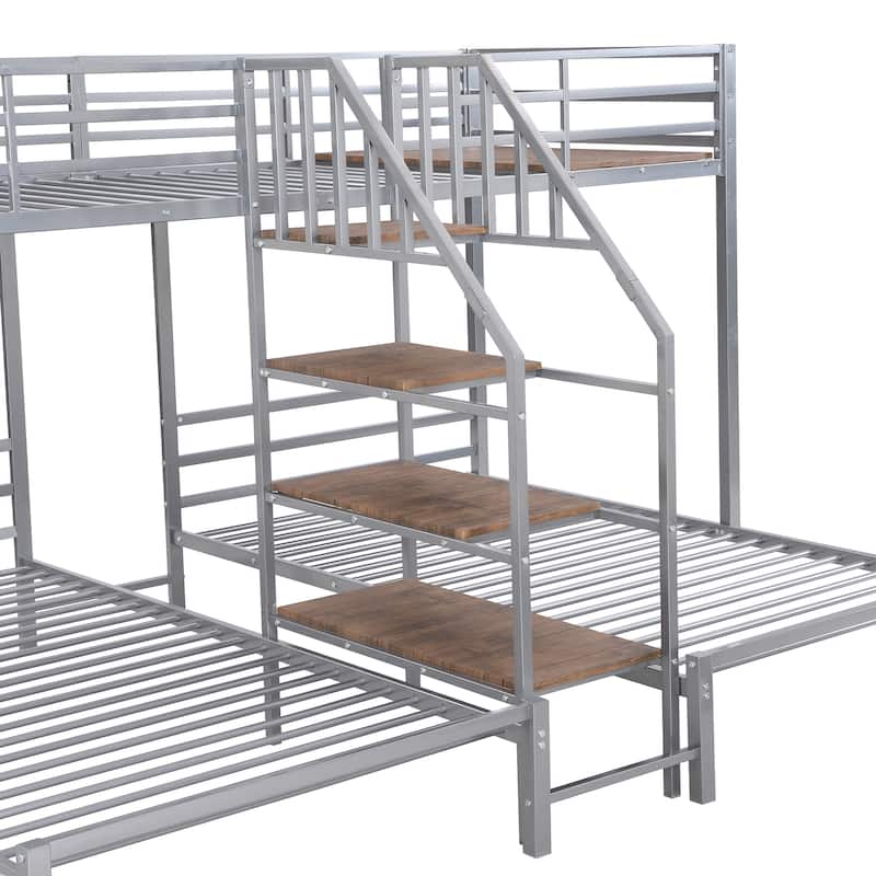 Metal Twin over Twin & Twin Bunk Bed with Storage Shelves Staircase, Triple Bunk Bed Frame, No Box Spring Needed for Kids