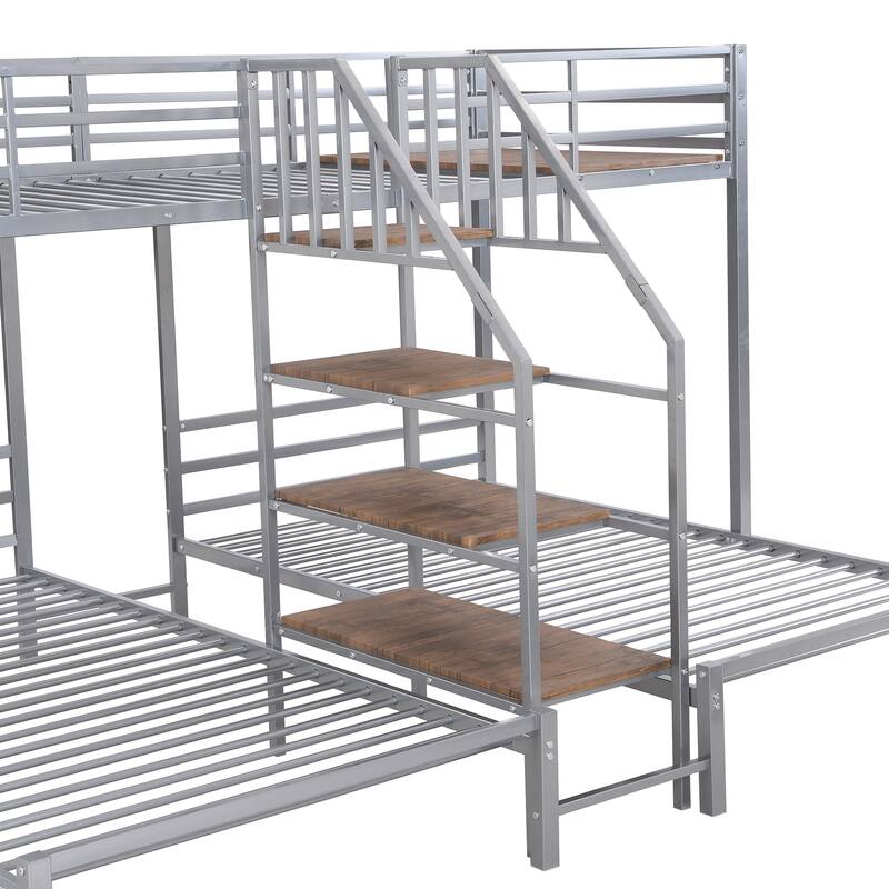 Triple Twin Bunk Bed with Storage Shelves and Staircase, Space-Saving Metal Frame