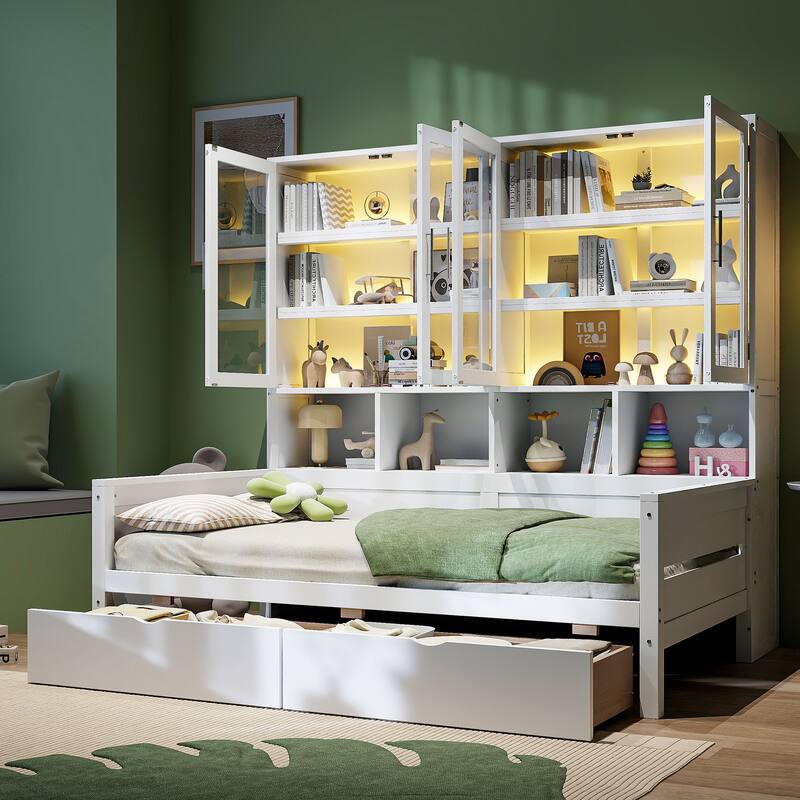Twin Versatile Daybed with Glass-Door Storage Cabinets & Shelves, Space-Saving Wooden Platform Bed Frame w/Built in LED Lighting