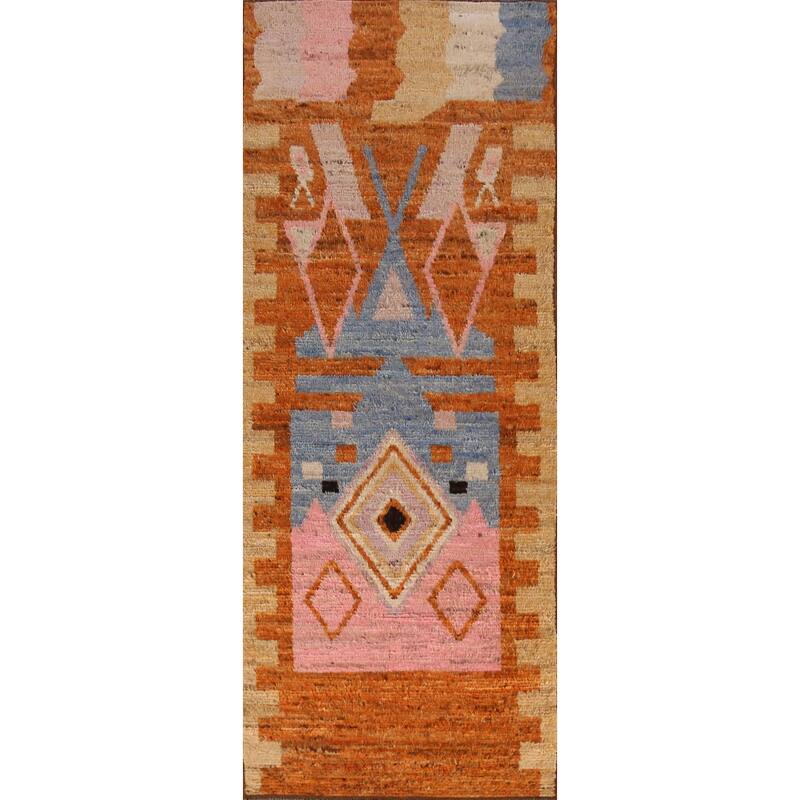 Geometric Orange Moroccan Runner Rug Handmade Wool Carpet - 2'10" x 9'8"