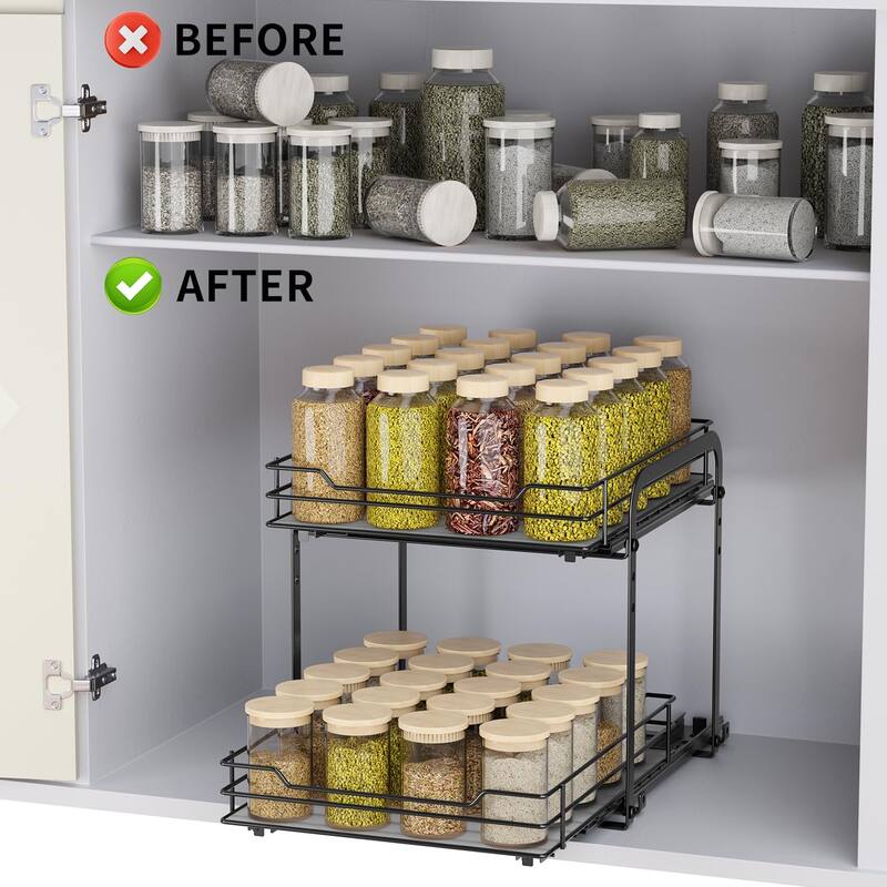 Spice Rack Organizer,2 Tier Pull Out Spice Racks for Inside Cabinets & Pantry Closet, Height Adjustable Heavy Duty Metal Basket