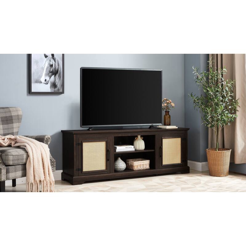 Rattan TV Stand for 70" TVs, 65" Farmhouse Media Console Table with 2 Shelves and Cable Management