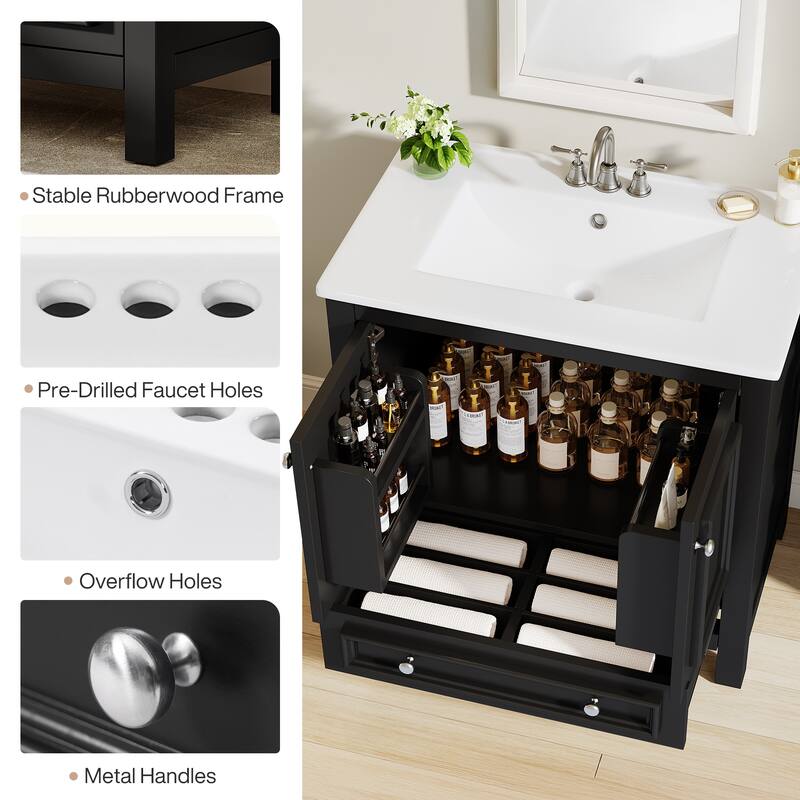 30 Inches Modern Bathroom Vanity Cabinet with Ceramic Basin & 1 Drawer