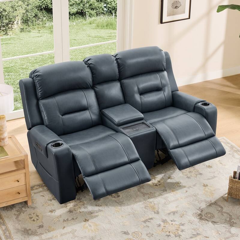 Spruce & Spring Genuine Leather Power Reclining Sofa with Wireless Charging - 2PC+Console - Navy