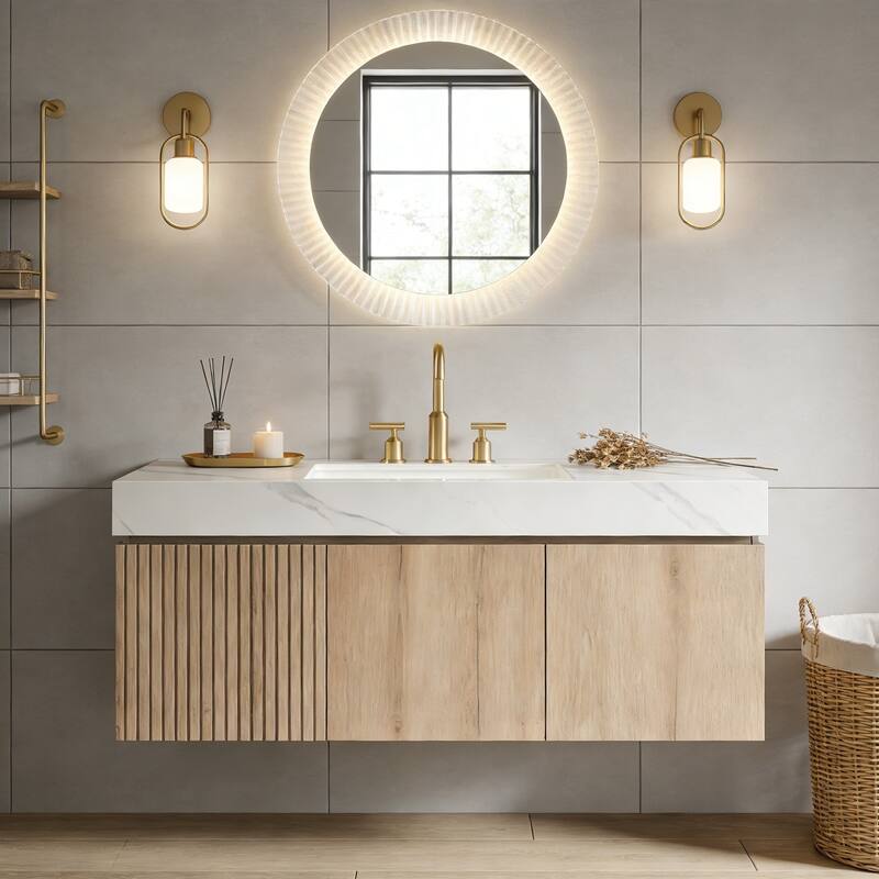 Floating Storage Bathroom Vanity with 3 Pre-drilled Faucet Holes - 48 - White Oak