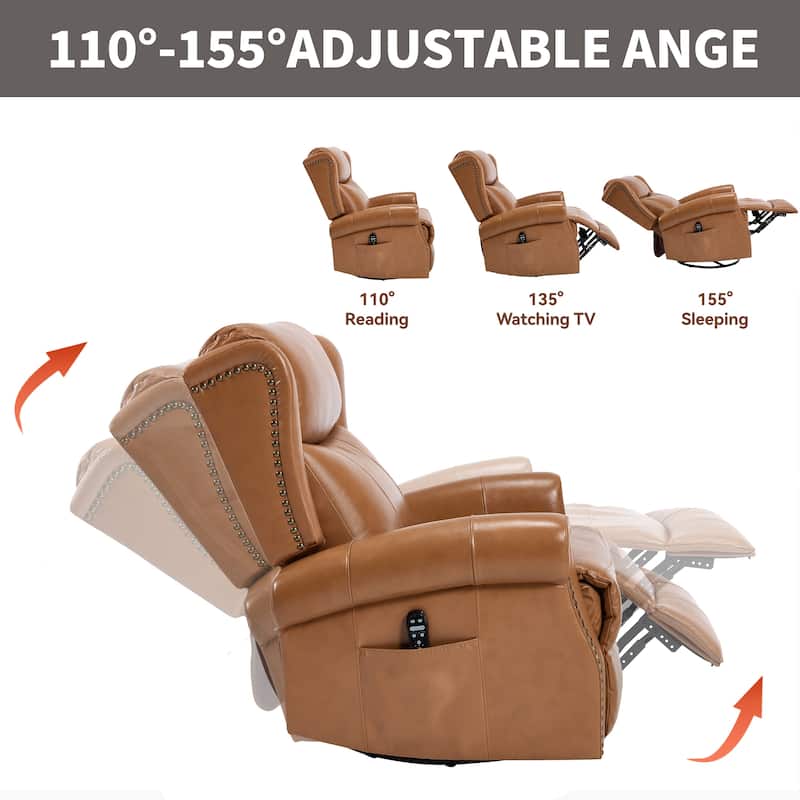 360° Swivel Rocking Recliner with Heat & Massage, Genuine Leather