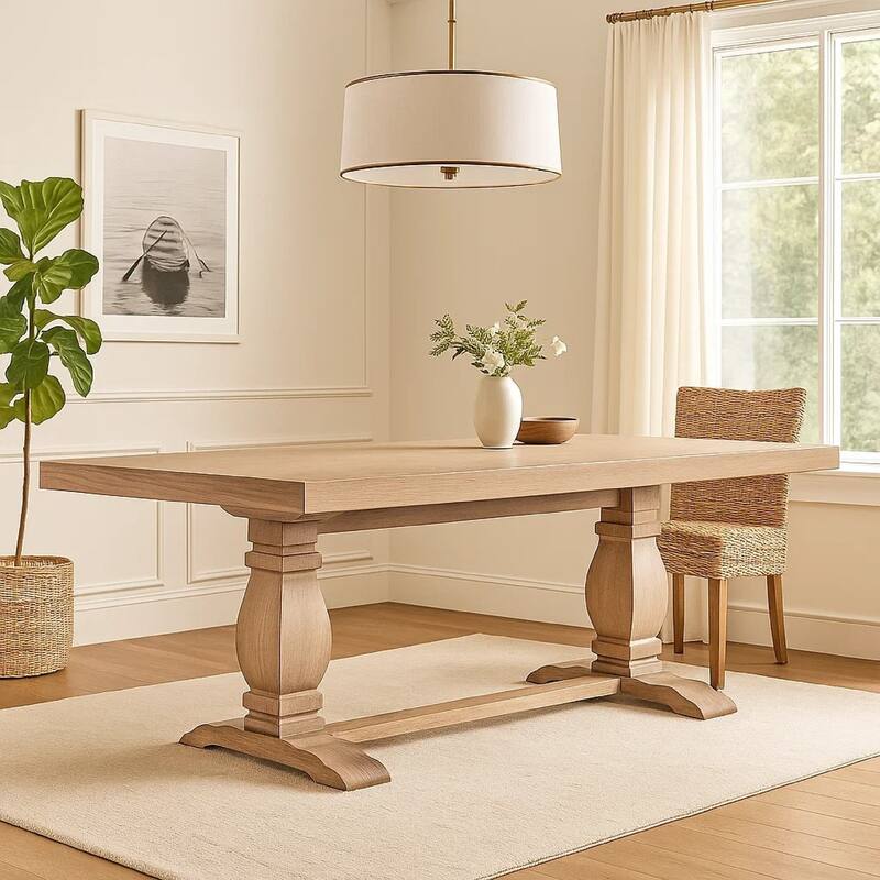 Anna Dining Table, Carved Legs, Natural Wheat Wood, 84 Inch Rectangular - White, Natural Wheat Brown