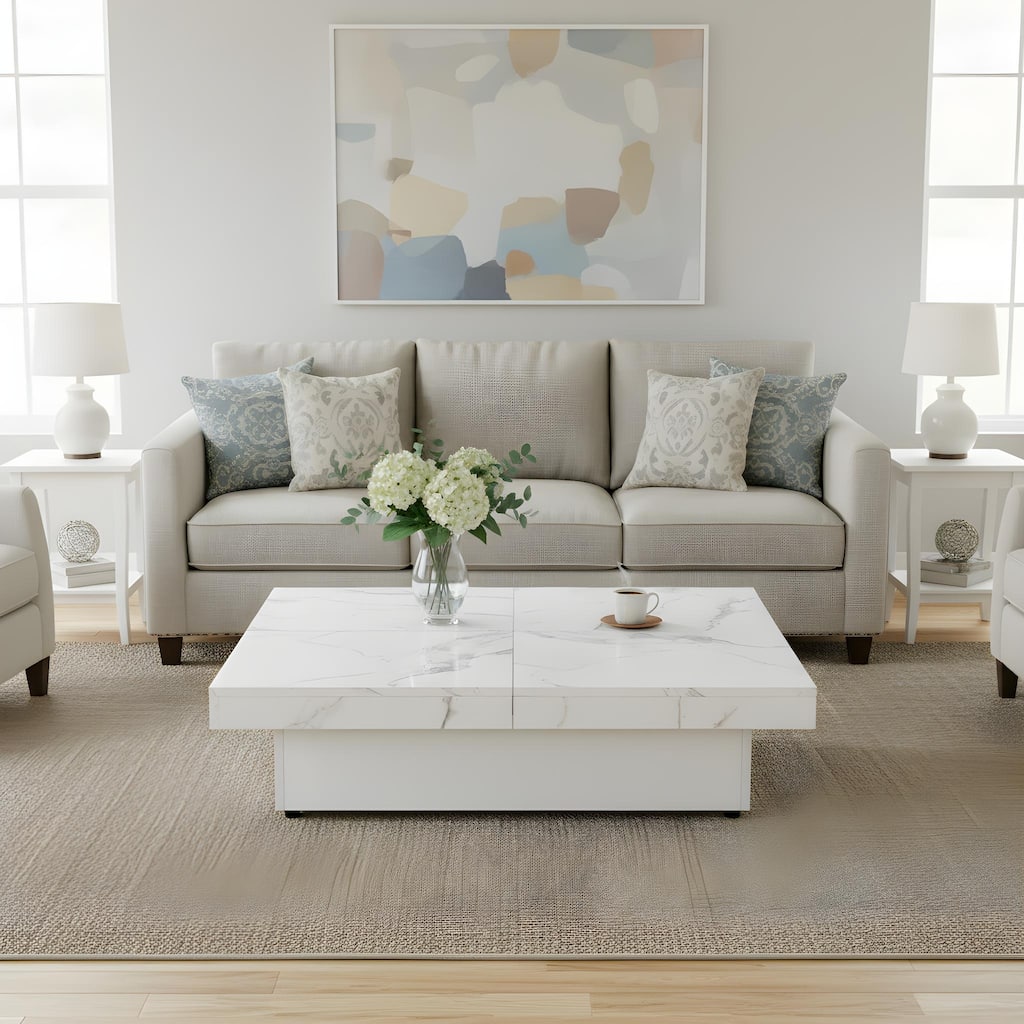 White Sliding Top Coffee Table Center Table with Storage, Rustic Side Table Cocktail Table Accent Table