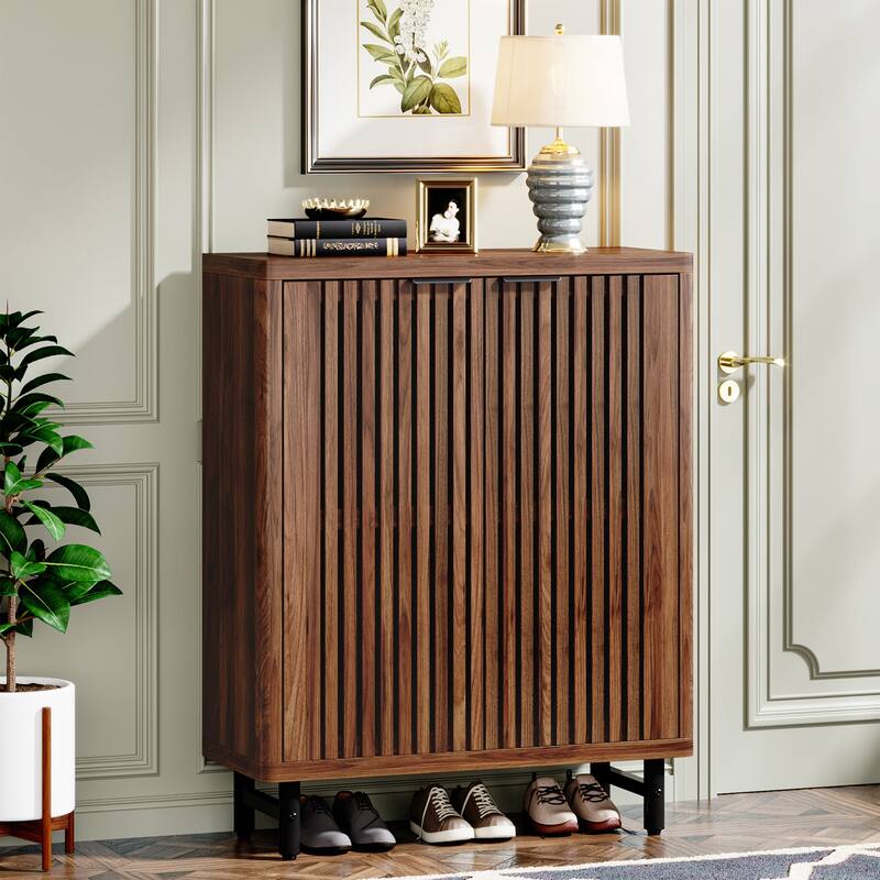 Wooden Shoe Cabinet with Shutter Doors, Adjustable Shelves Large Hidden Storage Organizer Rack for Entryway Hallway