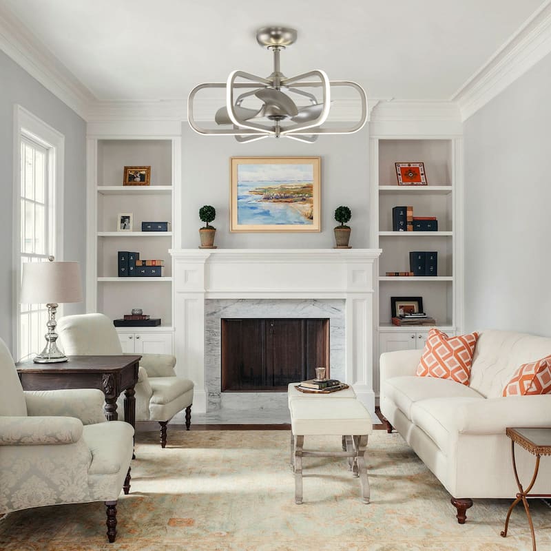 29" LED Indoor Satin Nickel Downrod Mount Chandelier Ceiling Fan with Light and Remote Control - 29.5" D x 18" H