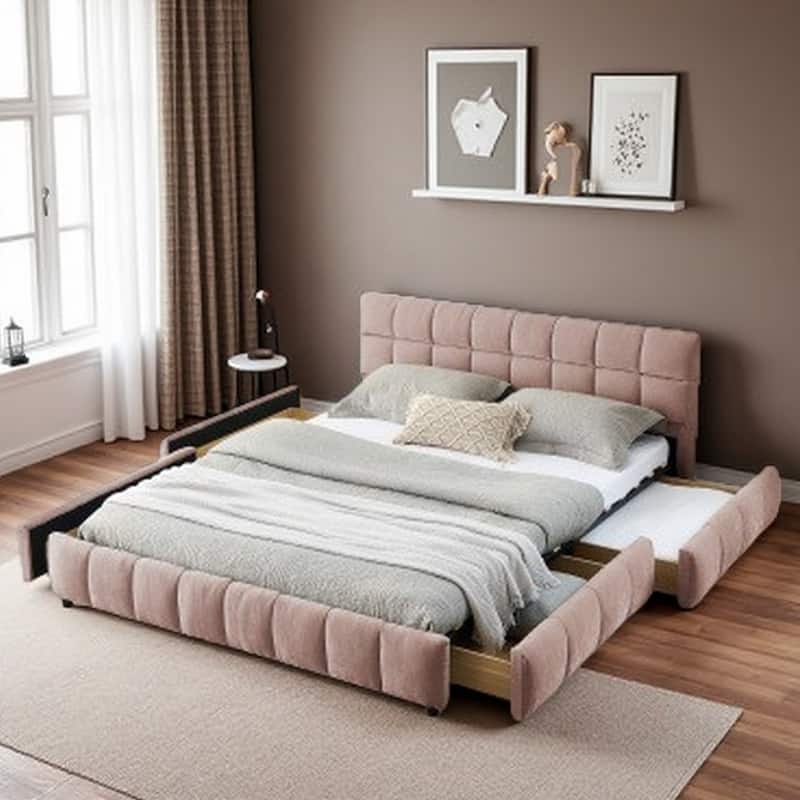 Queen Size Upholstered Bed with Storage Drawers, Soft Chenille Fabric Frame, Modern Platform Bed with Headboard