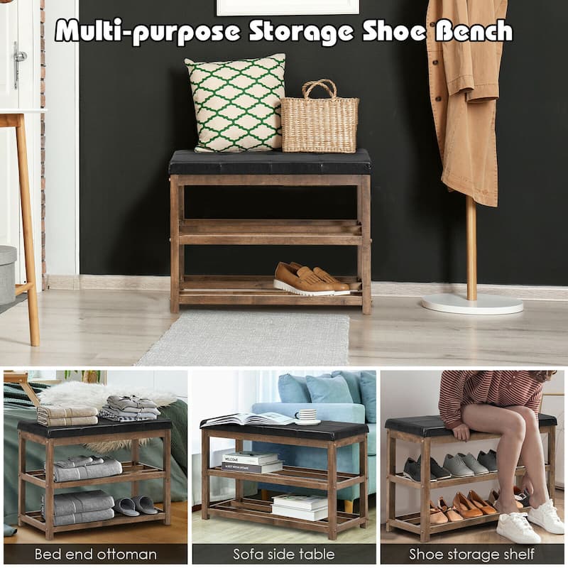 Gymax 2-Tier Wooden Shoe Rack Bench w/Padded Seat for Entryway Bedroom - 31'' x 16'' x 24''