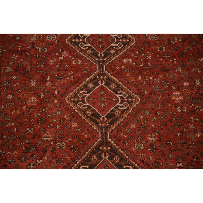 Tribal Geometric Shiraz Persian Vintage Rug Handmade Red Wool Carpet - 7'8"x 10'8"